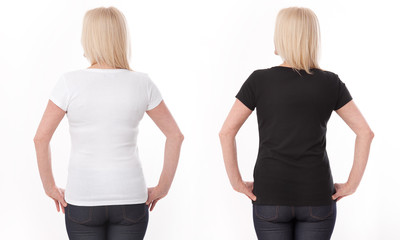 T-shirt design and people concept - close up of woman in blank white t-shirt, shirt front isolated. Mock up.