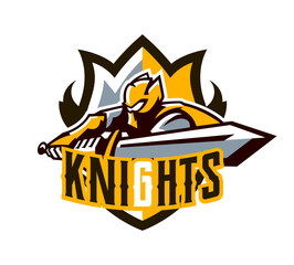 A colorful logo, a sticker, an emblem, a knight is attacking with a sword. Gold armor of the knight, paladin, swordsman, warrior, shield, lettering. Mascot sports club, vector illustration