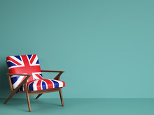 United Kingdom Flag Chair On Blue Background With Copy Space. Digital Illustration.3d Rendering