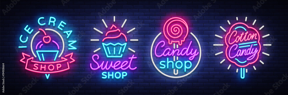 Sweets Shop is collection logos of neon style. Ice cream shop, Cotton Candy. Candy shop collection neon signs, light banner, bright neon sweetening advertisement. Design template. Vector illustration - obrazy, fototapety, plakaty 