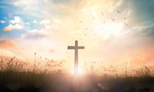 Ascension Day Concept: The Cross On Meadow Autumn Sunrise Background
