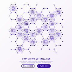 Wall Mural - conversion optimization concept in honeycombs with thin line icons: marketing, seo technology, websi