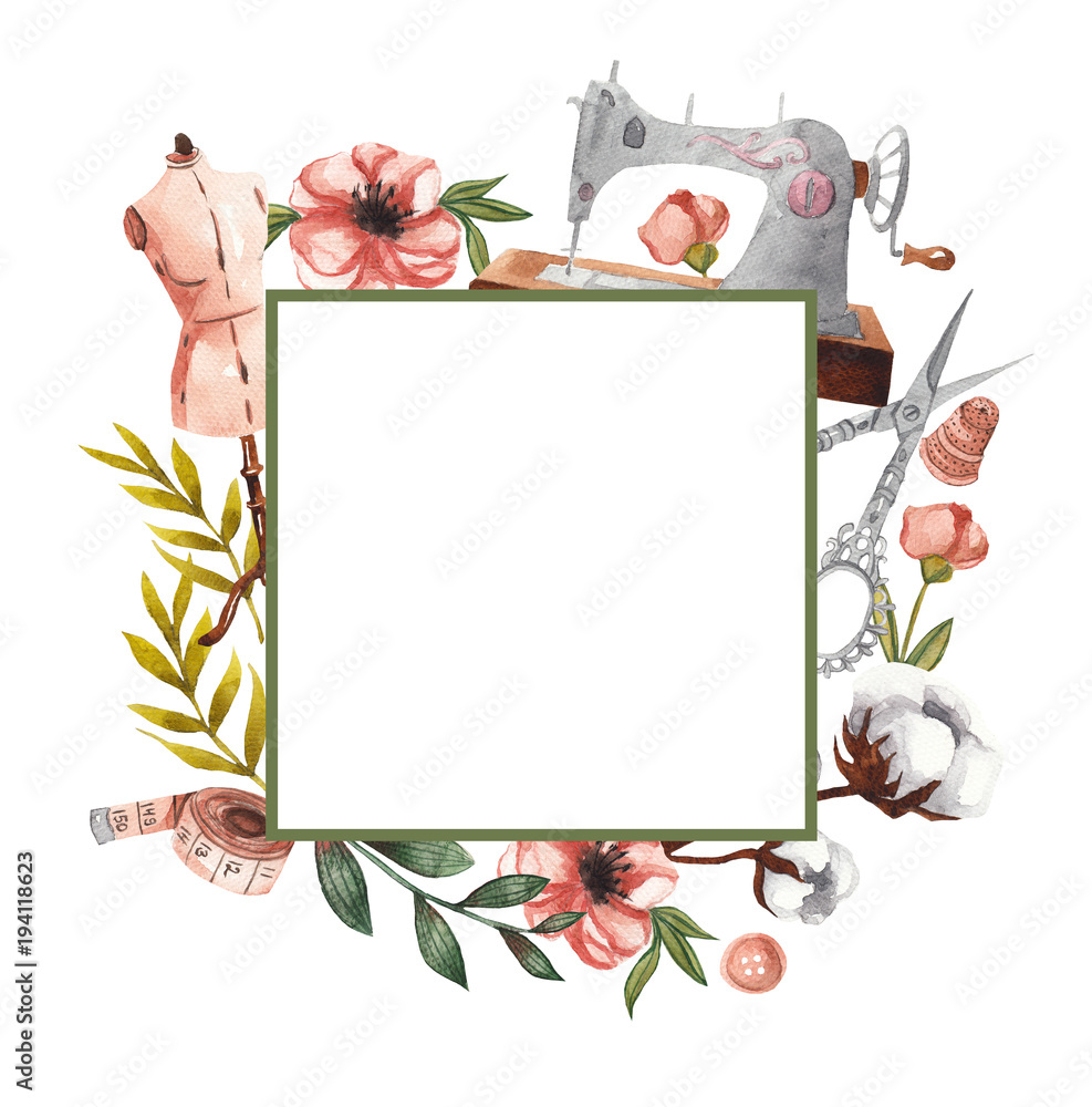 Geometric square frame with sewing items and floral elements. Watercolor illustration on white isolated background. Floral frame for text - obrazy, fototapety, plakaty 