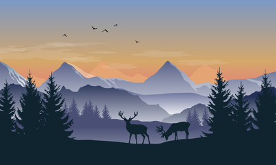 Wall Mural - Vector blue and orange landscape with sunset view of silhouettes of mountains, hills and forest and two deer