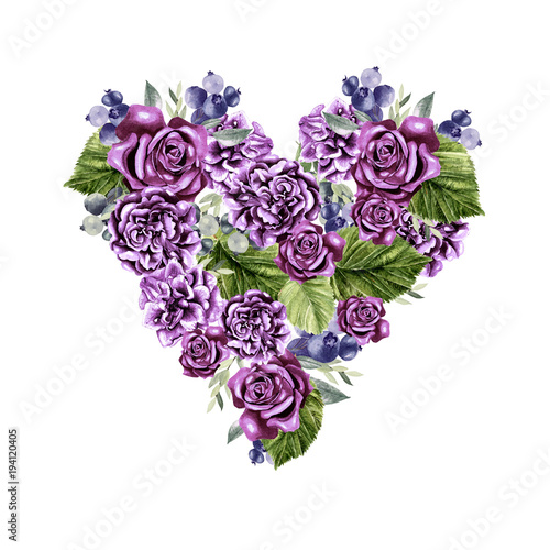 A beautiful watercolor heart with roses and peony flowers, leaves and berries.