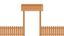 Entrance Gate With Blank Sign And Wooden Fence - Isolated Vector Illustration On White Background.