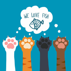 Wall Mural - Cat paw we love fish cartoon vector illustration