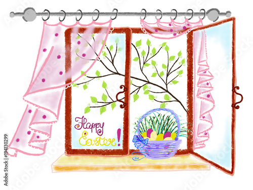 Colorful Hand Drawn Bright Kitchen Window With Colorful Egg Basket