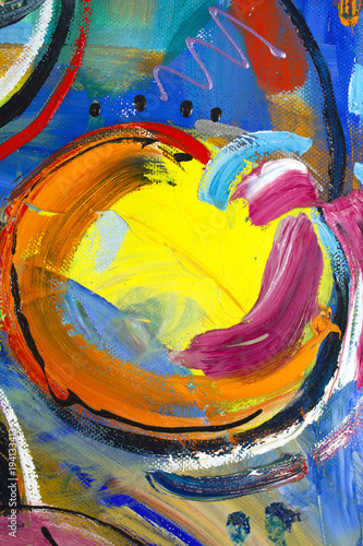 Fotografie, Obraz Vibrant multi-colored original oil painting semi-abstract close up detail showin