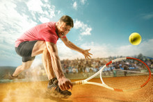 The One Jumping Player, Caucasian Fit Man, Playing Tennis On The Earthen Court With Spectators