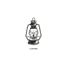 Vintage Hand Drawn Lantern Concept. Perfect For Logo Design, Badge, Camping Labels. Monochrome. Symbol For Outdoor Activity Emblems. Stock Vector Illustration Isolated On White Background