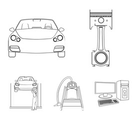 Car on lift, piston and pump outline icons in set collection for design.Car maintenance station vector symbol stock illustration web.