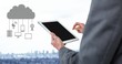 © vectorfusionart - Hand holding tablet with cloud icon and hanging connection