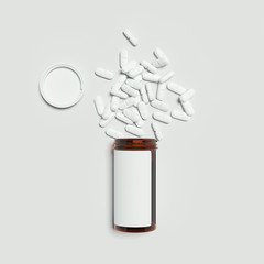 Wall Mural - Brown jar with blank label and white pills. 3d rendering