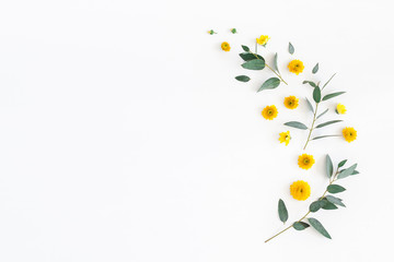 Wall Mural - Flowers composition. Pattern made of yellow flowers and eucalyptus leaves on white background. Flat lay, top view, copy space