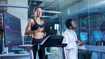 Wall Mural - man wearing brainwave scanning headset sits in a chair while scientist adjusts the device. in the mo