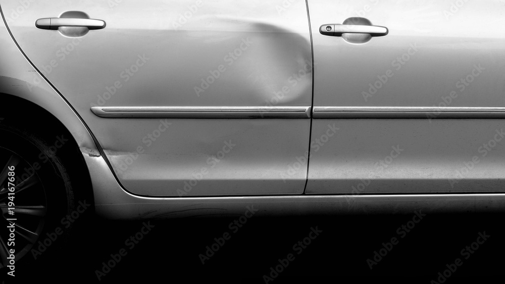 Door of grey car with damage on accident - obrazy, fototapety, plakaty 