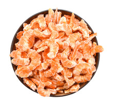 Dried Shrimp In Wooden Bowl On White
