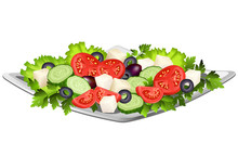 Greek Salad With Feta Cheese, Sliced Tomatoes, Lettuce, Cucumbers, Parsley And Olives. Hand Drawn Vector Illustration Isolated On White Background.