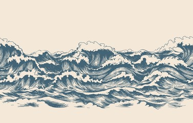Fototapeta Sea waves sketch pattern. Ocean surf wave hand drawn horizontal seamless pattern vector illustration