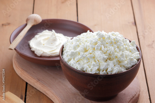 Cheese Cottage Cheese And Cream In Clay Ware Fresh Curd On A