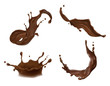 Vector illustration of hot chocolate, cacao or coffee splash with drops, blobs, blots isolated on white background. Appetizing liquid dessert, advertising product, splashing design element for promo