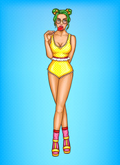 Wall Mural - Vector pop art pin up sexy punk girl in swimsuit sucks red lollipop. Naked woman in glasses, painted lips. Flirting concept, female character with big breast on high heels. Advertising, promotion or