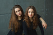 © Alexandr - portrait of two beautiful young girls of twin sisters with flowing hair against the gray wall in the interior