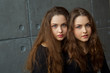 © Alexandr - portrait of two young beautiful sisters twin girls with flowing hair on a gray wall background