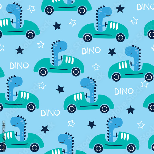 Stoffe zum Nähen nahtlose Rennsport Dinosaurier Tier mit Auto-Muster-Vektor-illustration