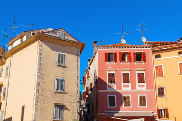 Beautiful and cozy medieval town of Rovinj, colorful with houses and church