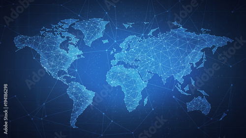 Fotografía Polygon world map with blockchain technology peer to peer network on blue background