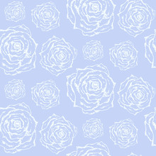 Gentle Blue Vintage Hand Drawn Seamless Pattern With Outline Scratched White Roses. Romantic Retro Flowers Texture For Textile, Wrapping Paper, Surface, Wallpaper, Background, Package
