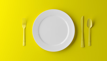 Empty plate, fork and knife isolated on yellow background. 3d illustration