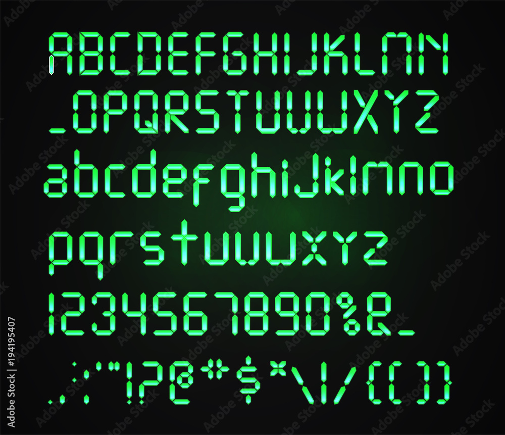 Digital green font Isolated on a dark background. Glowing realistic Digital  alphabet. Alarm clock letters. Numbers and letters set for a digital watch  and other electronic devices. Vector alphabet. Stock Vector |, image size:1000x861