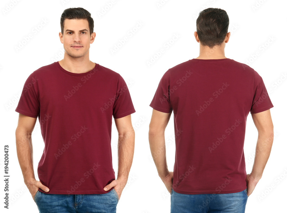 Front and back views of young man in stylish t-shirt on white ...