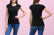 © Africa Studio - Front and back views of young woman in stylish t-shirt on pink background. Mockup for design