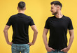 © Africa Studio - Front and back views of man in blank stylish t-shirt on yellow background. Mockup for design