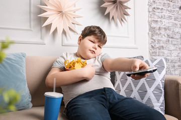 Wall Mural - Overweight boy watching TV with snacks indoors