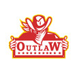 Retro style illustration of an outlaw or bandit with bandana covering his face holding a sign with text Outlaw on isolated background.