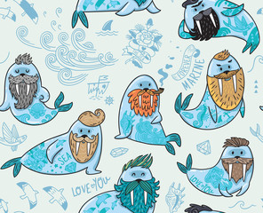 Wall Mural - Seamless pattern with hipster walruses with beards and tattoos in cartoon style. Vector illustration