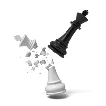 3d Rendering Of A Black Chess King Breaks A White King That Cracks And Falls On A White Background.