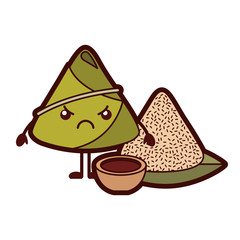 Poster - kawaii angry rice dumpling with sauce cartoon vector illustration 