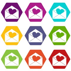 Wall Mural - Envelope with Valentine heart icon set color hexahedron