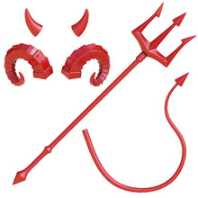 Devil's Trident, Tail And Horns Design Elements, Devil Costume 3d Rendering