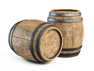 two wooden barrels isolated on white background 3d illustration