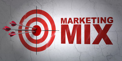 Wall Mural - Success marketing concept: arrows hitting the center of target, Red Marketing Mix on wall background, 3D rendering