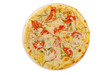 © Ekaterina - Pizza whole round, cut into pieces, on a white isolated background. Fast food in a pizzeria, a floury cheese product. View from above