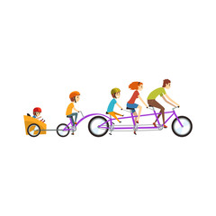 Sticker - Parents riding on tandem bicycle with their three children, happy family, recreation with kids vector Illustration on a white background