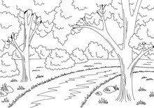 Forest Road Graphic Black White Landscape Sketch Illustration Vector